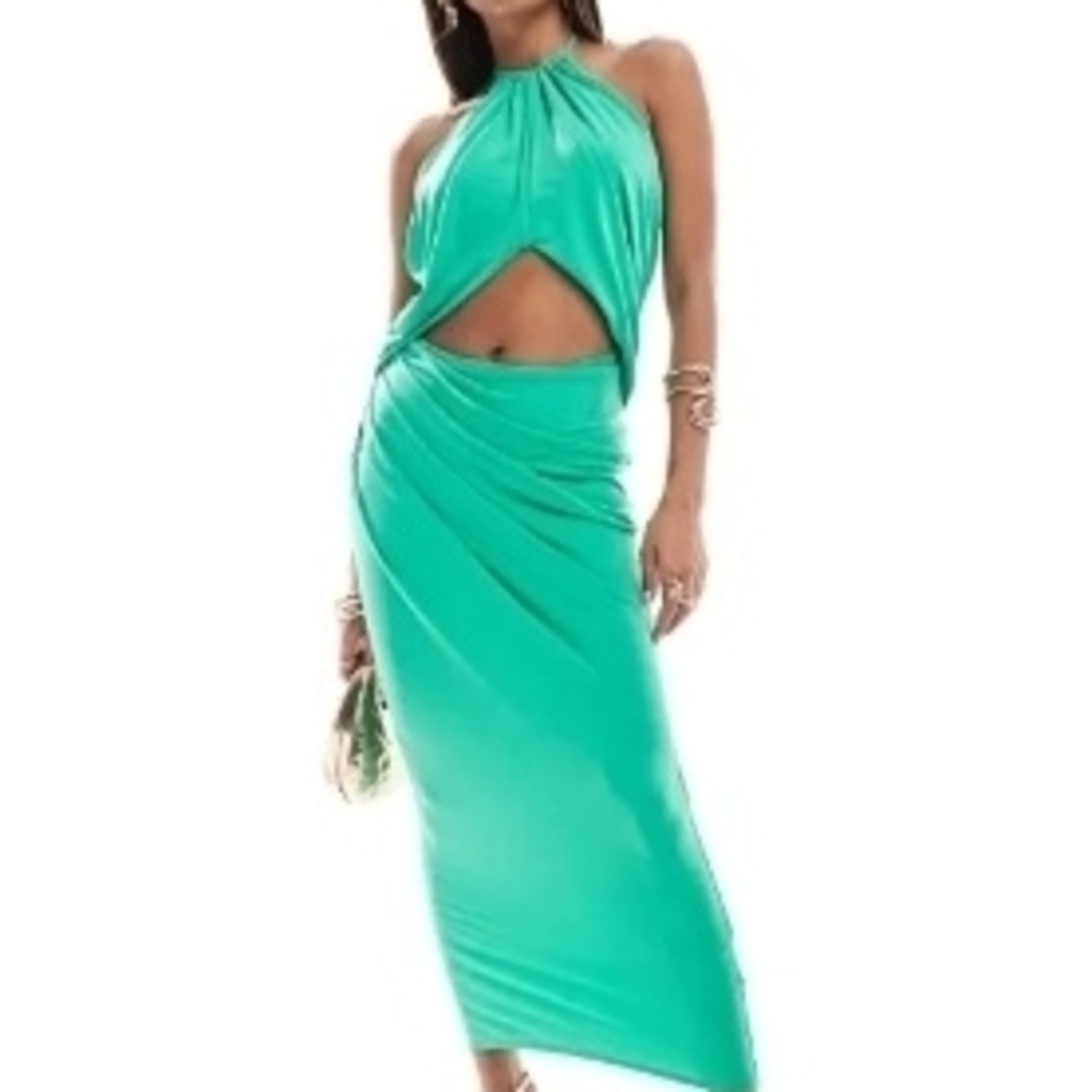 ASOS DESIGN green halter ruched midi dress with cut out detail